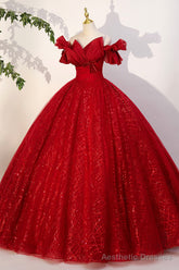 Red Tulle Sequins Long Formal Dress, Off the Shoulder Evening Dress